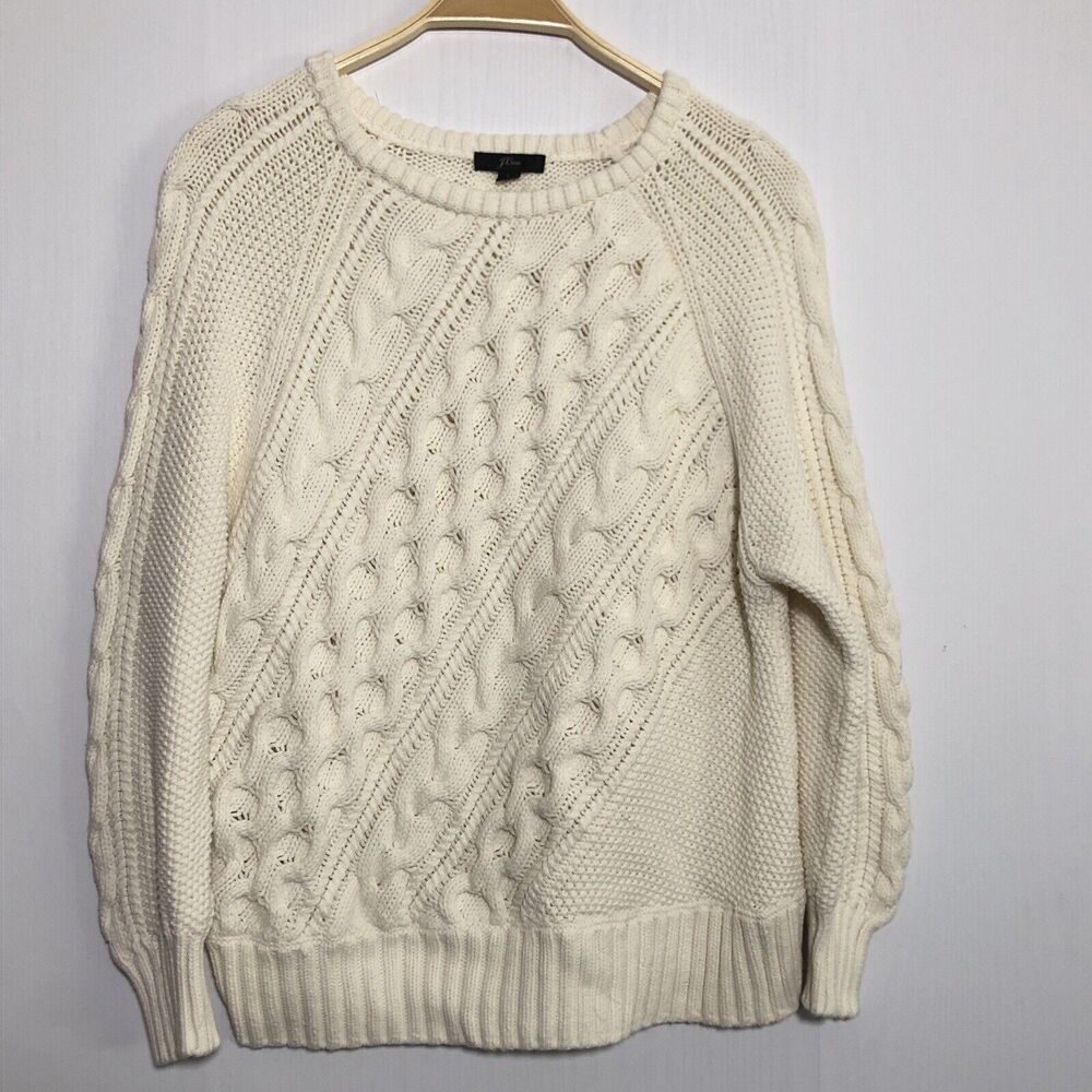 J.CREW Sweater Womens Large Cream Diagonal Cable Knit Crewneck Chunky 3D